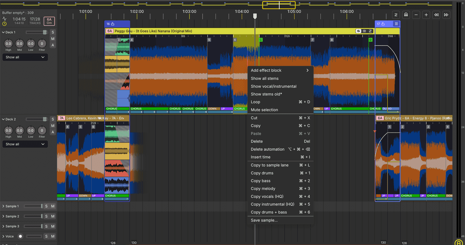 Right mouse click menu Stems options