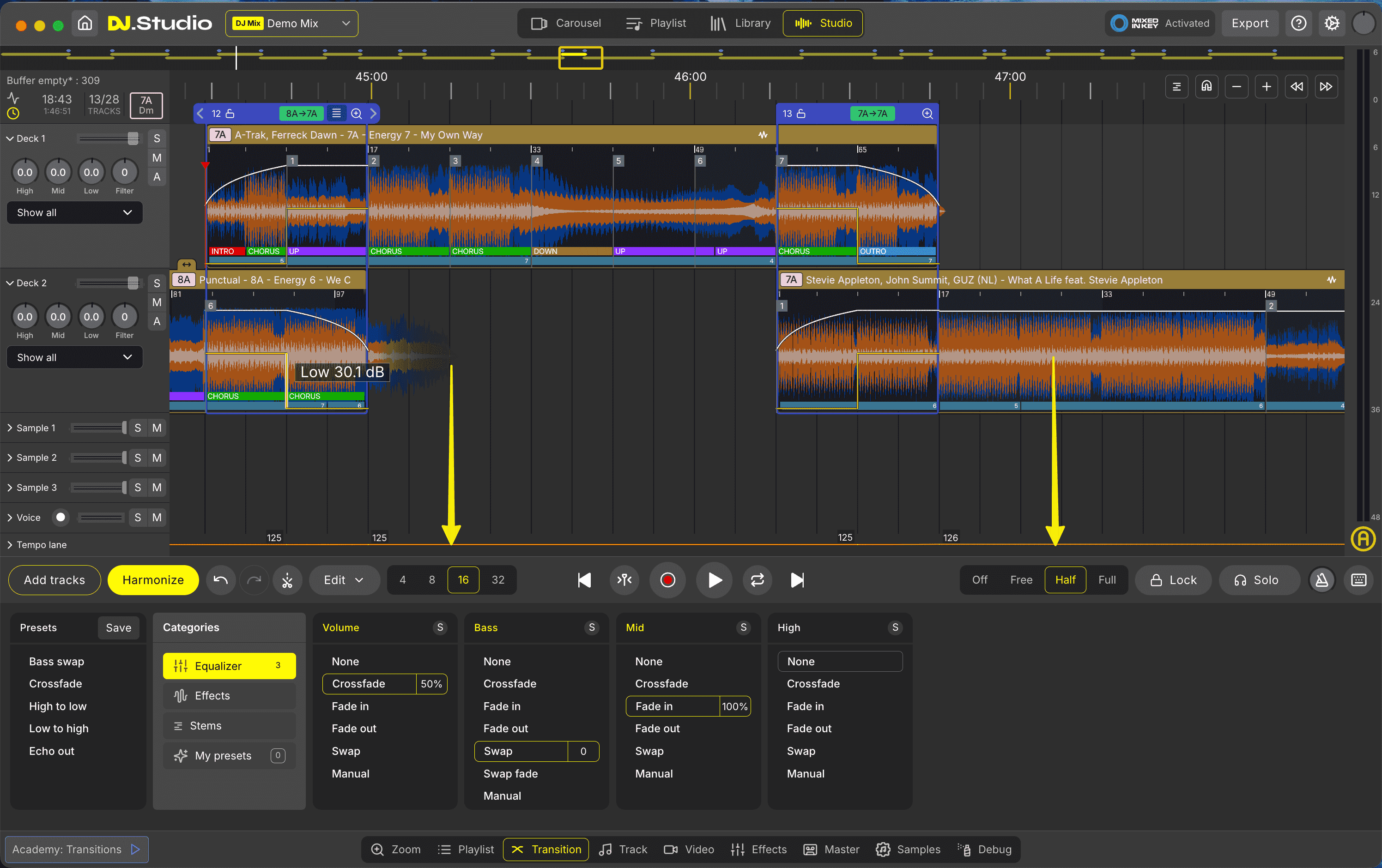 Transition length and beat sync settings