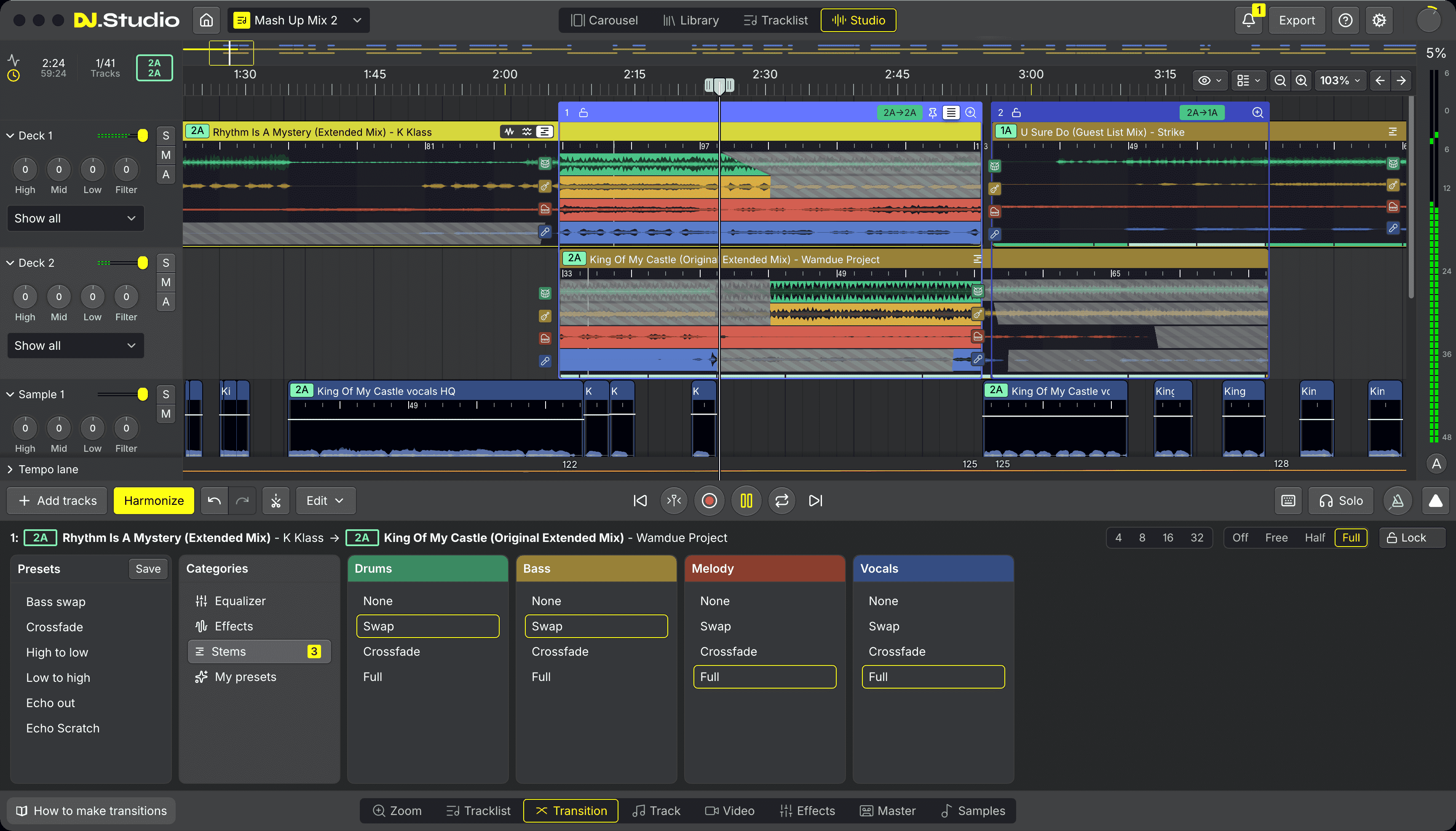 DJ.Studio timeline with a transition between two tracks open in the Transition Editor