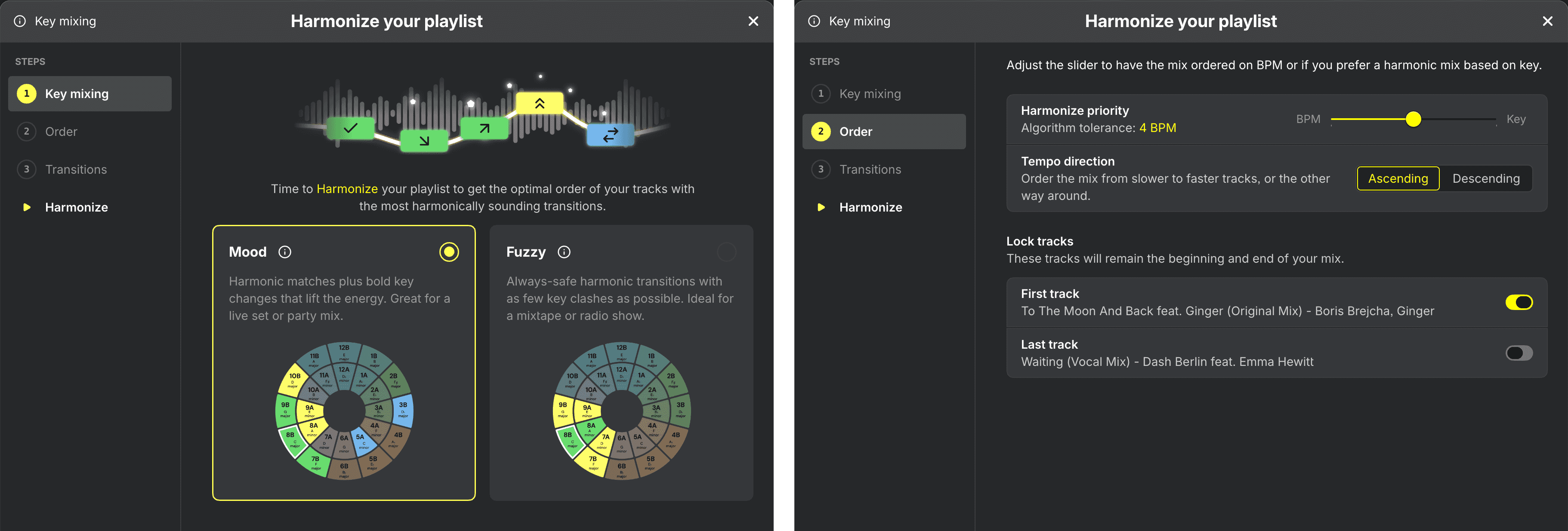 DJ.Studio Harmonize window for ordering a playlist by key and BPM