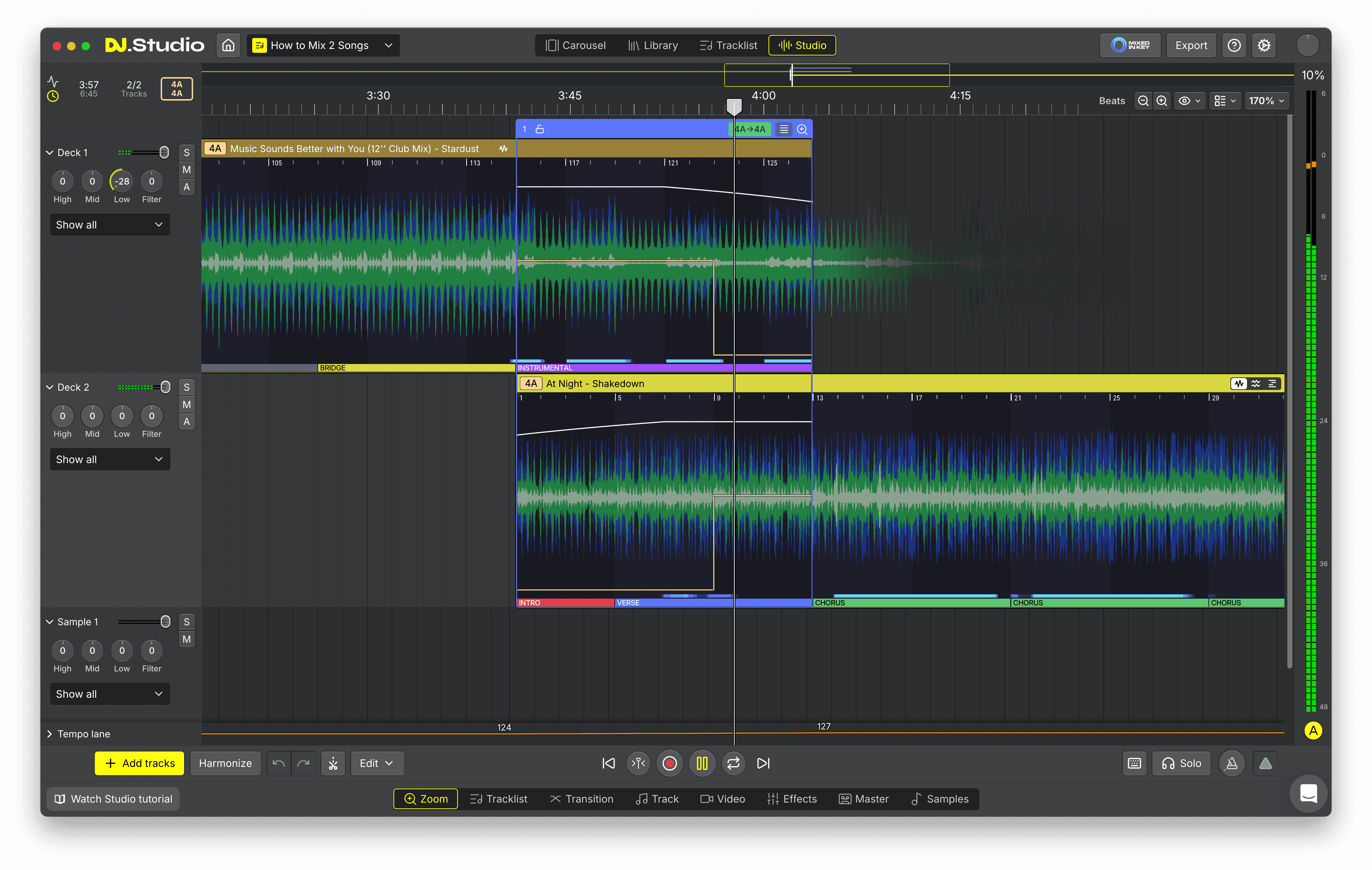 Two songs mixed together with an overlapping transition on the DJ.Studio timeline