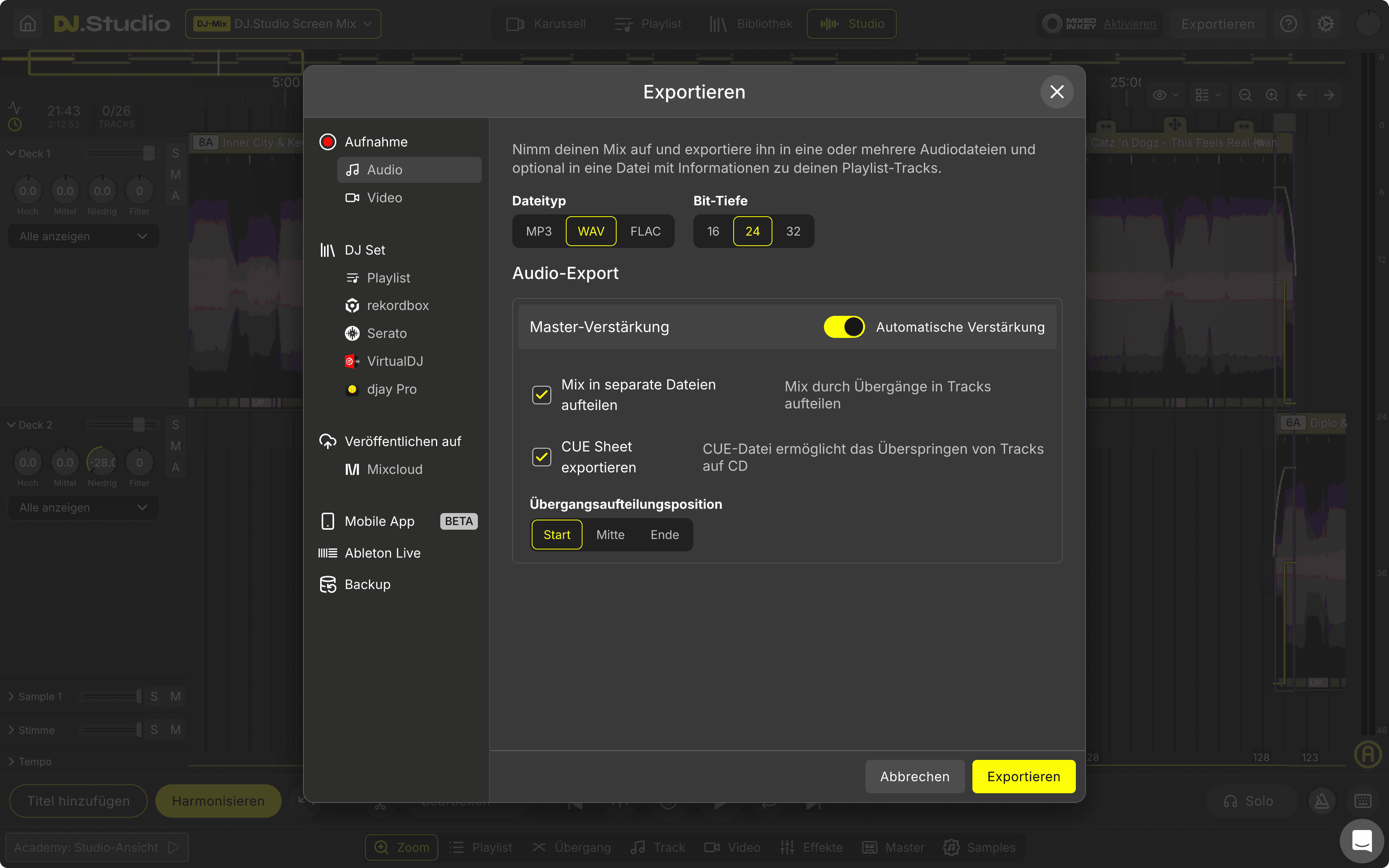 Export-Optionen