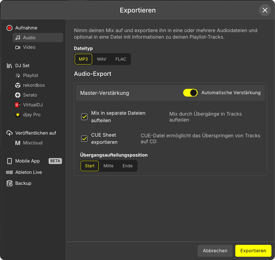 Hochwertige Audio-Exporte (MP3, WAV und FLAC)