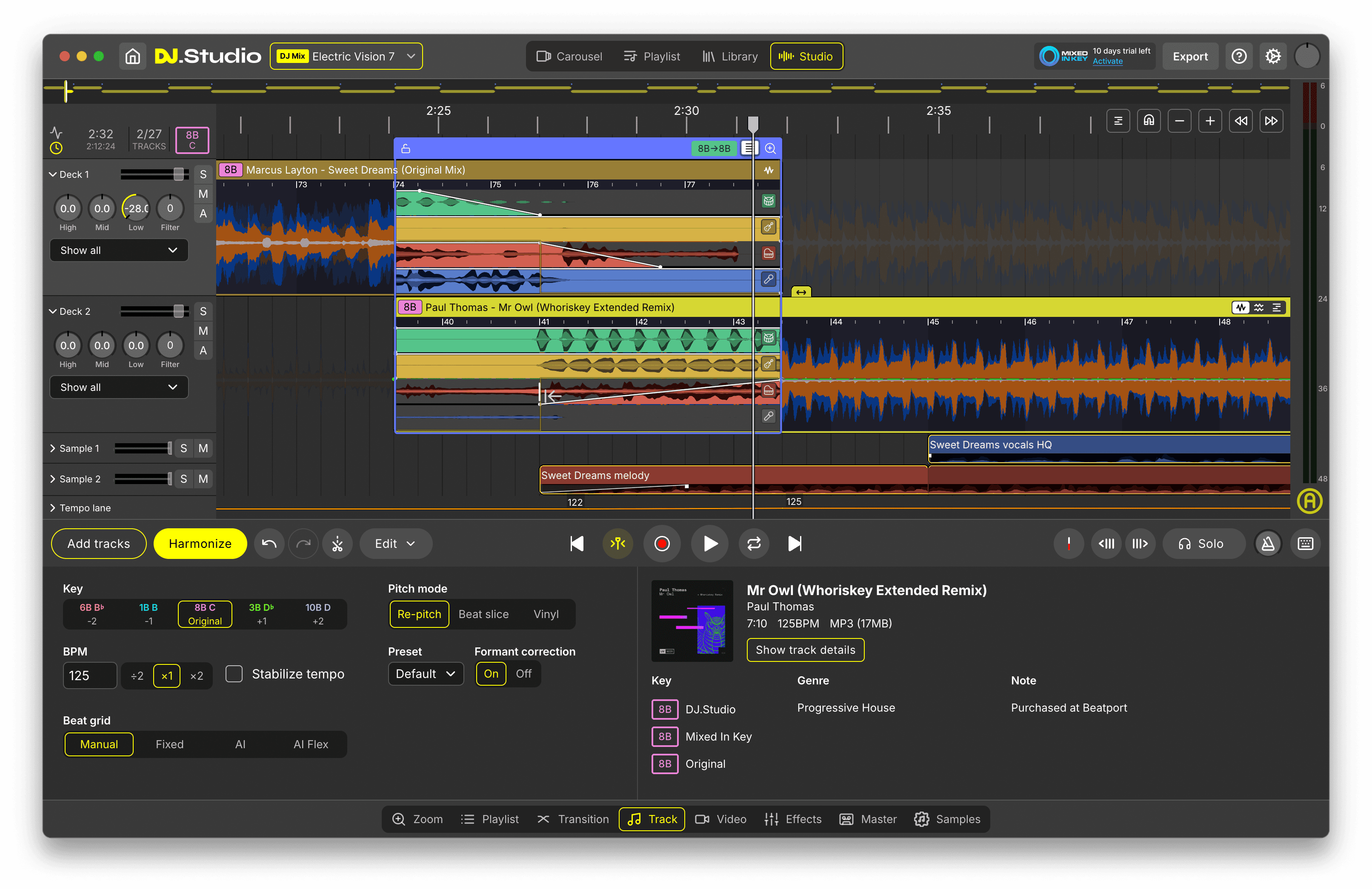DJ.Studio Studio View showing a bedroom DJ mix timeline with two tracks, transition envelopes between them, and the track details panel with key, BPM and metadata.
