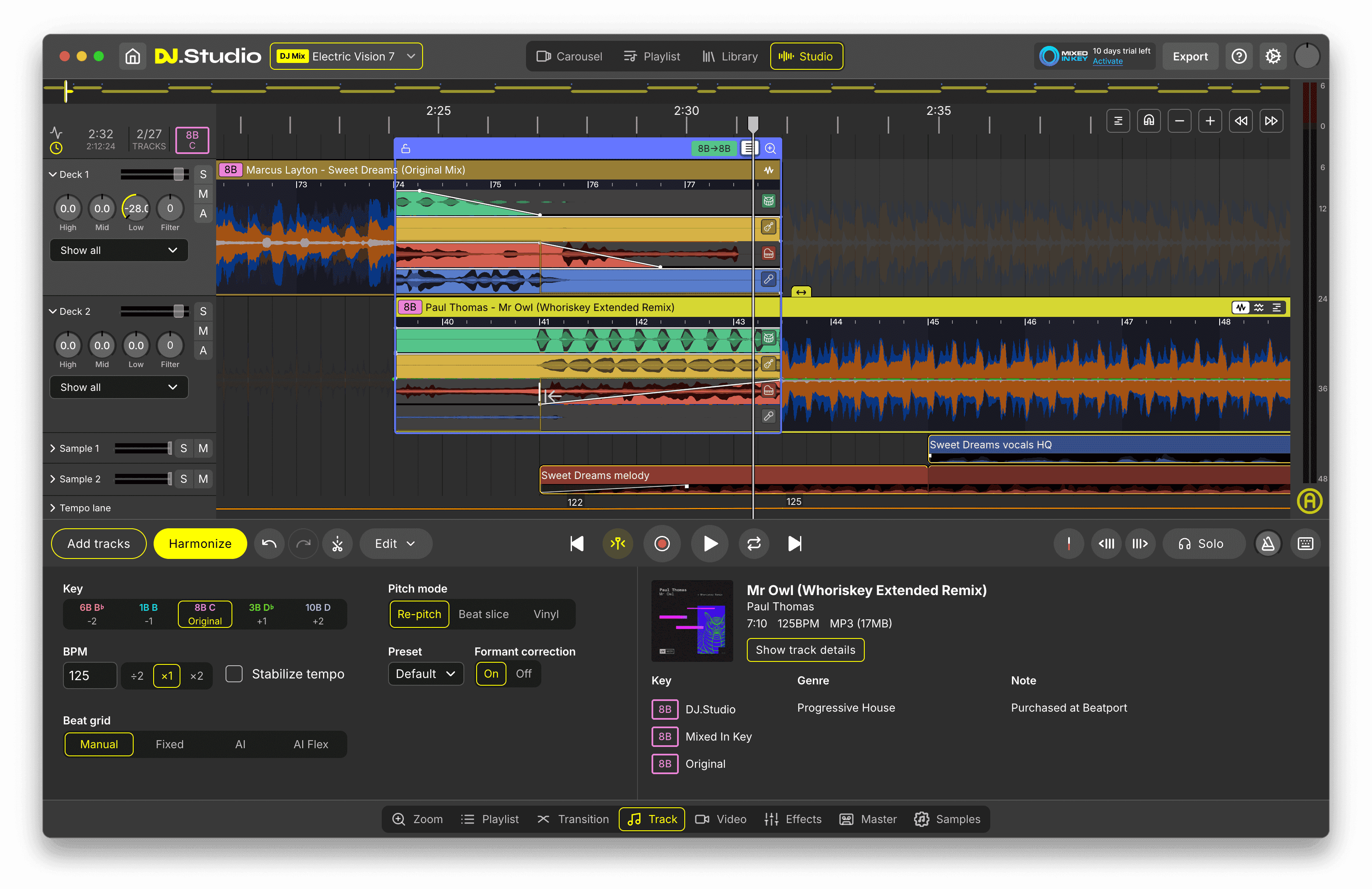 DJ.Studio timeline with tracks arranged as a complete mix.