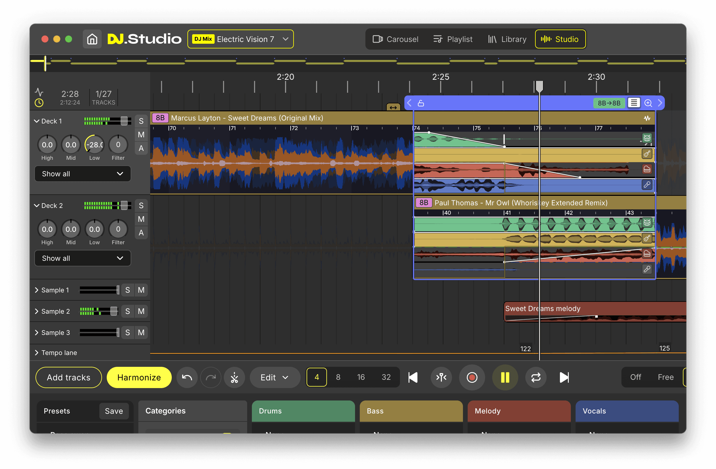 DJ.Studio Transition Editor showing two tracks, automation curves and a clear overlap.