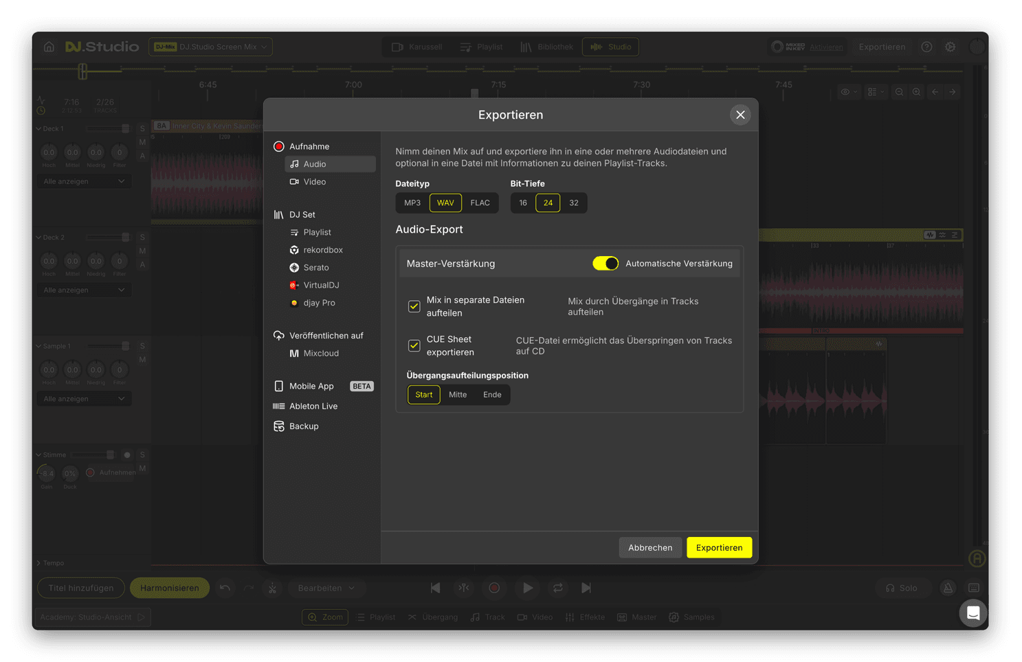 Das Export-Panel von DJ.Studio mit Audioformat-Optionen, Mastering-Einstellungen und Tracklist-Generierung.