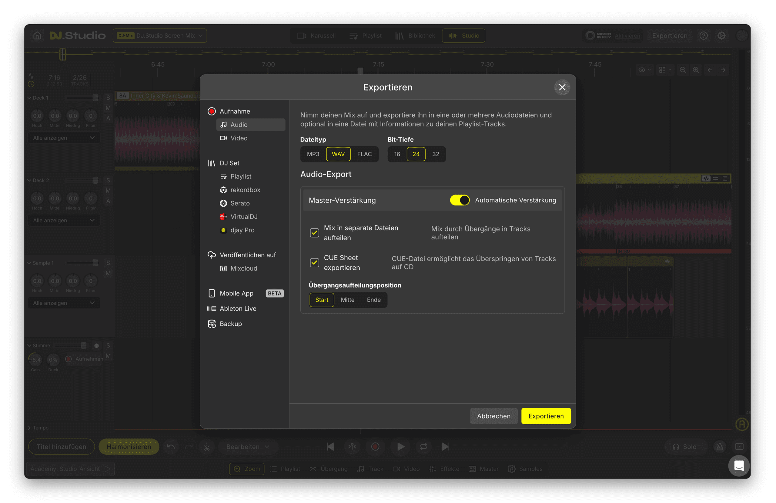 Das Export-Panel von DJ.Studio mit Audioformat-Optionen, Mastering-Einstellungen und Tracklist-Generierung.