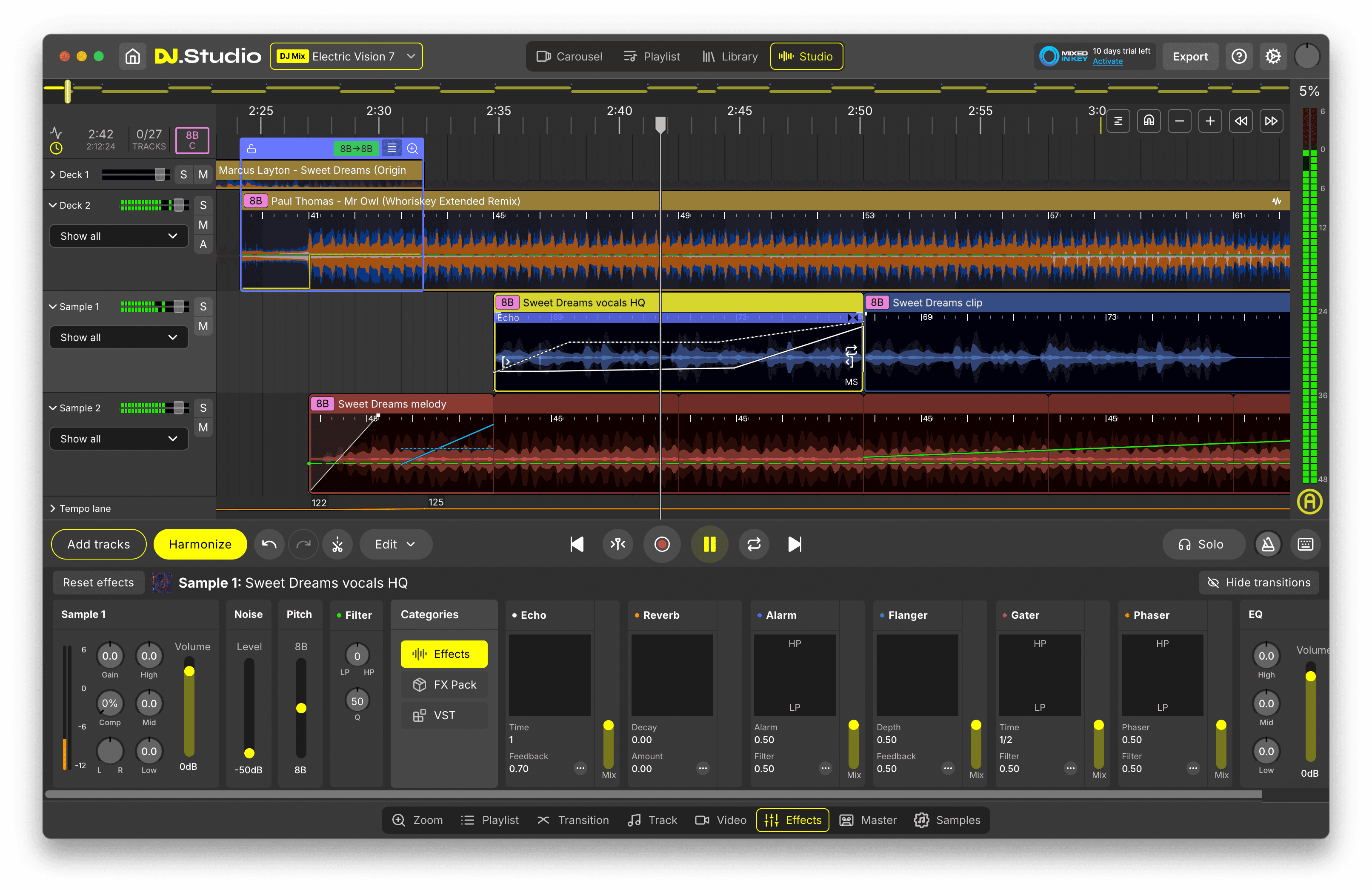 DJ.Studio effects, stem controls and automation applied to a transition inside a DJ mix.
