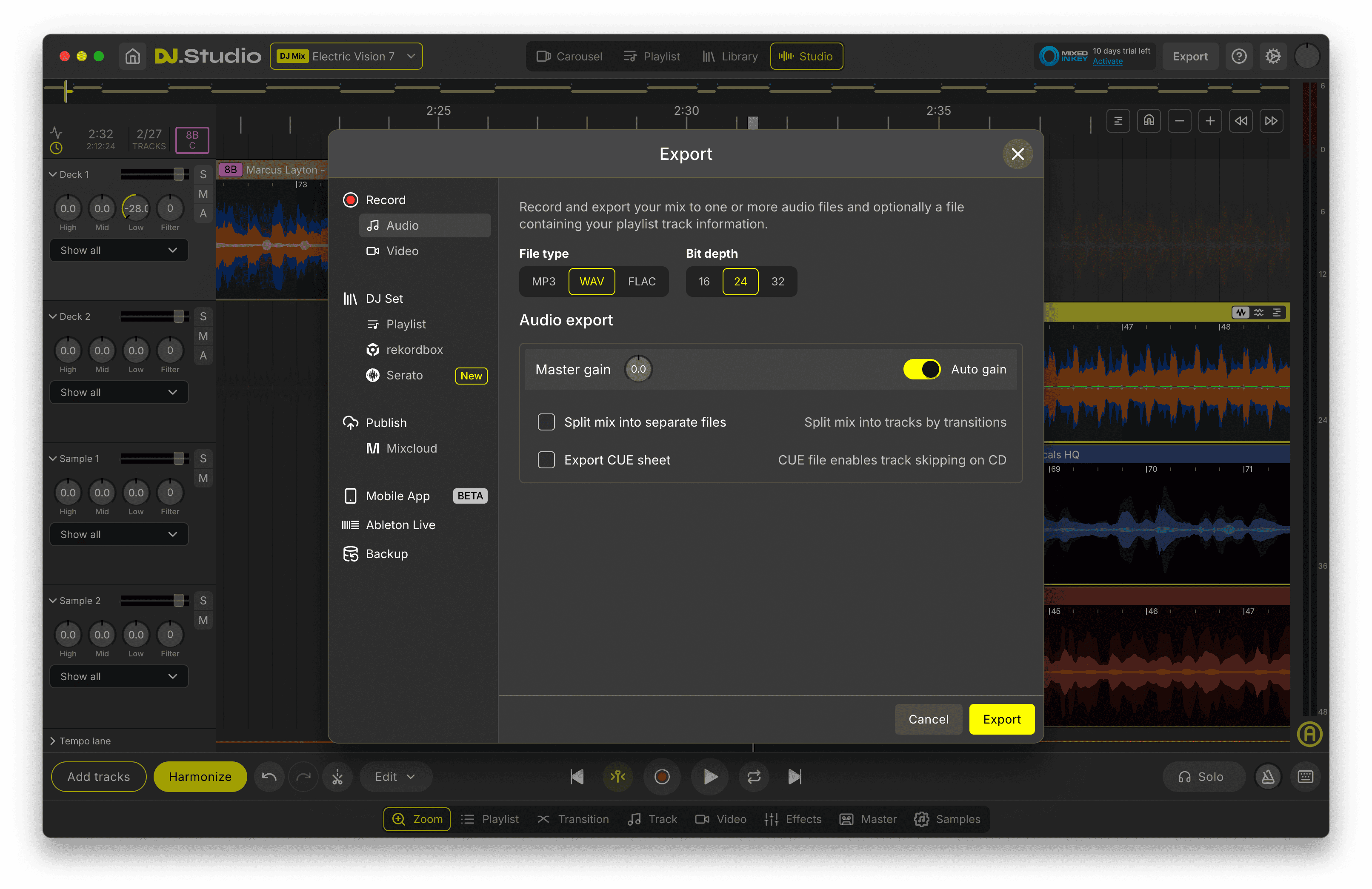 DJ.Studio export screen with audio, video, tracklist, Mixcloud and YouTube options for a finished DJ mix.