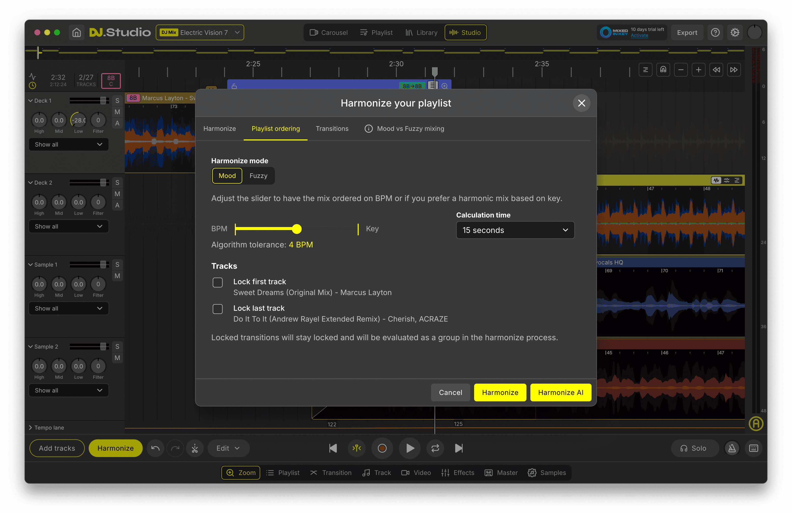 DJ.Studio Harmonize reordering a DJ mix playlist by BPM and harmonic key compatibility.