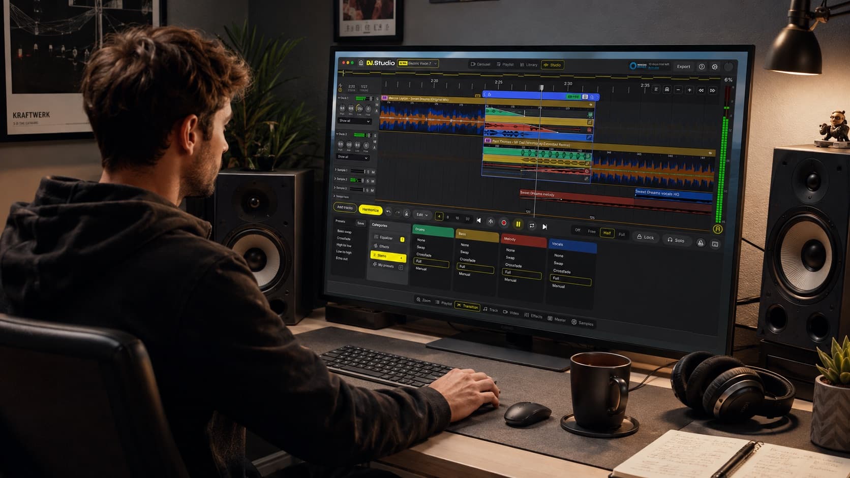 A DJ at a studio desk building a complete DJ mix in DJ.Studio, with multiple tracks, stems and transitions arranged on the visual timeline.