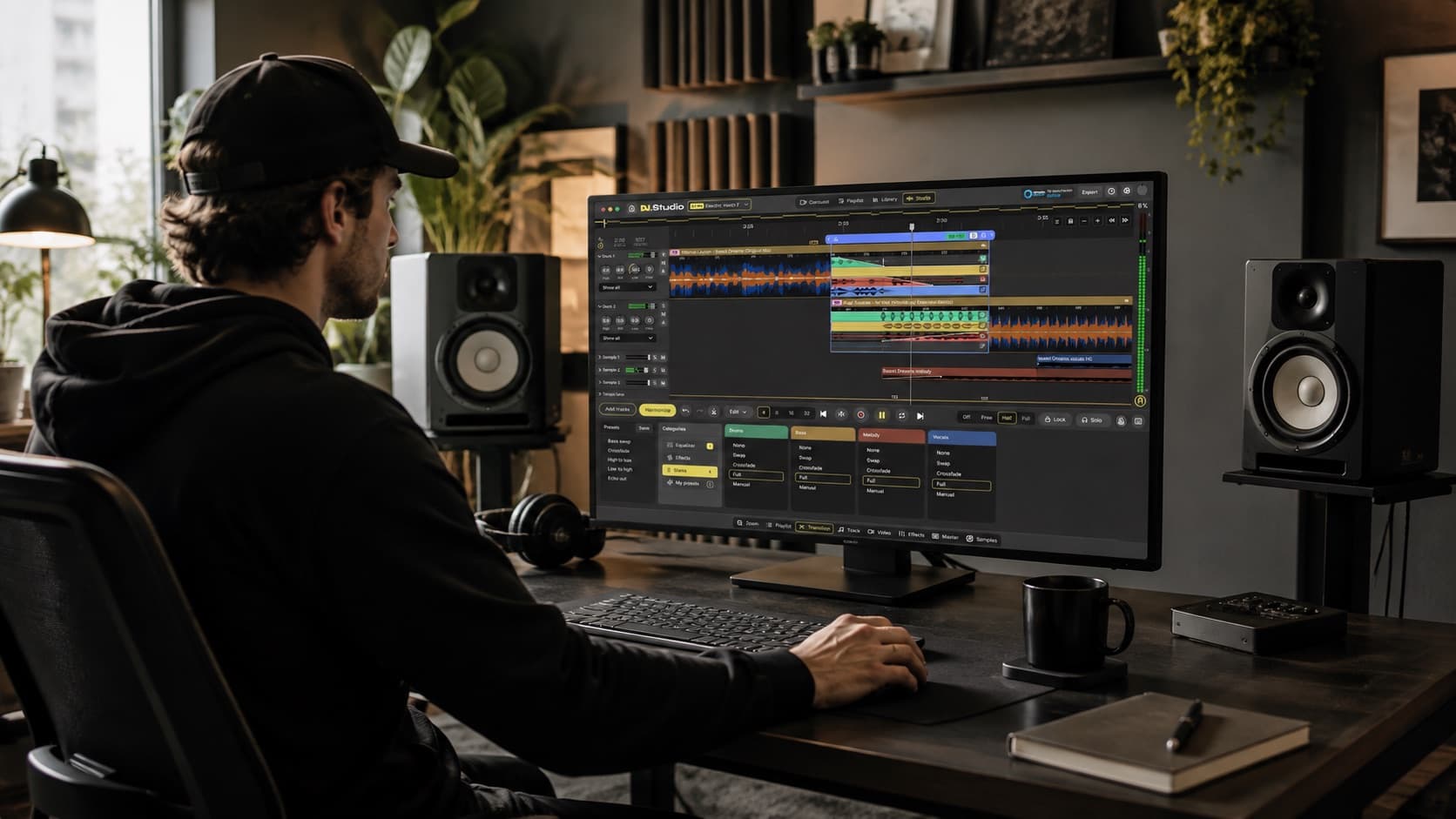 A DJ editing a long multi-track DJ mix on the DJ.Studio timeline at a studio desk with monitors and headphones.
