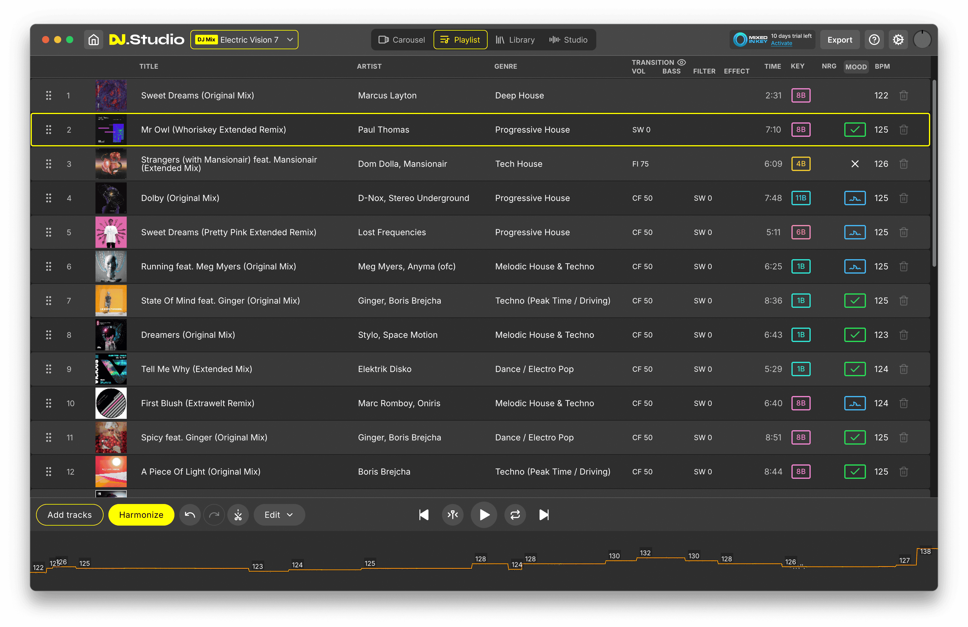 DJ.Studio Playlist View showing the running order of a DJ mix with BPM and key for every track.