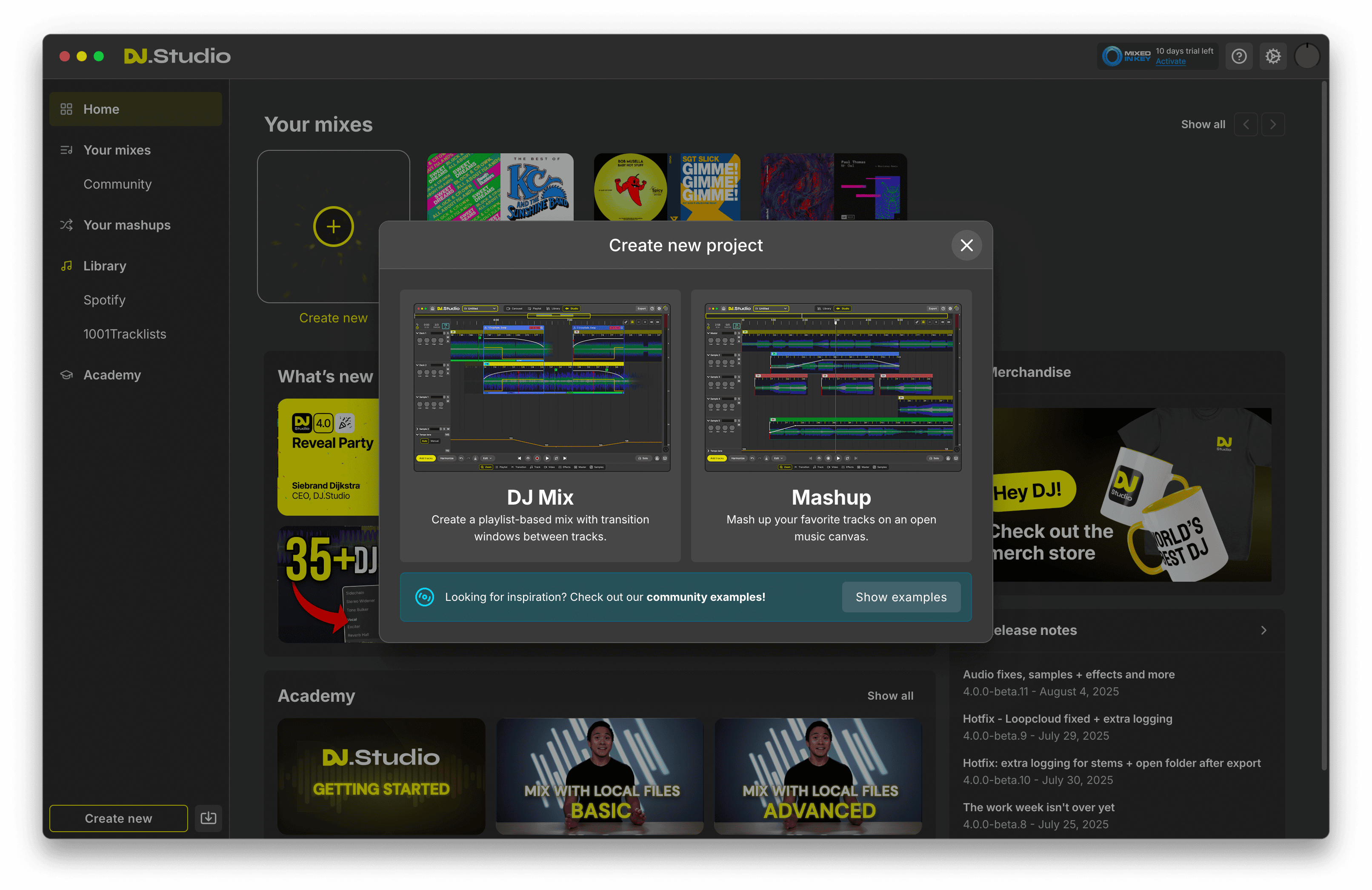 DJ.Studio project types including Mashup Mode for layering multiple tracks at the same time.