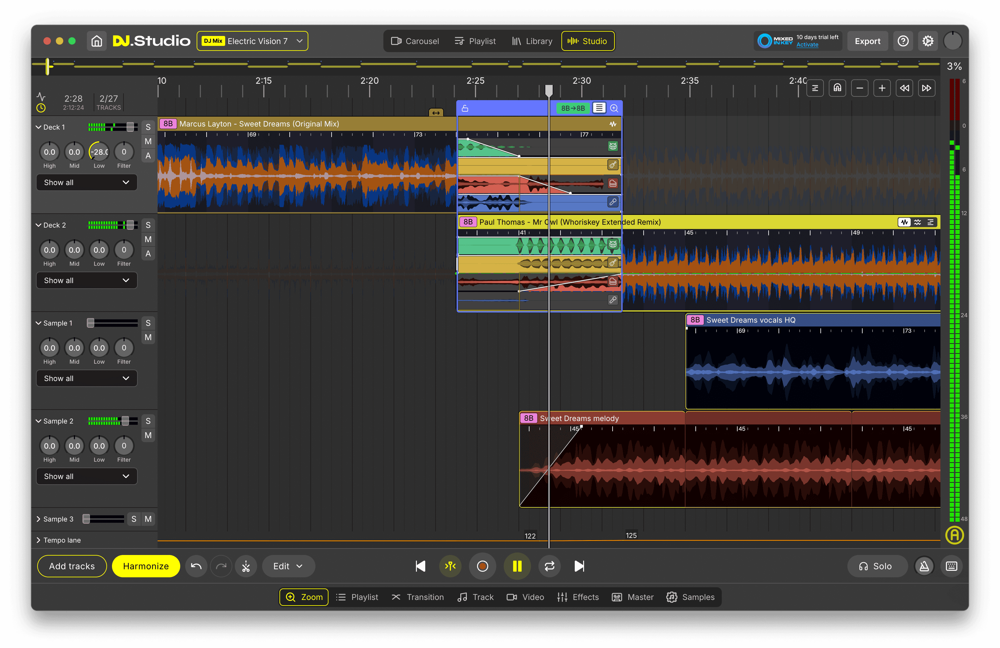 Full DJ.Studio timeline showing a DJ mix with multiple edited transitions ready for review.