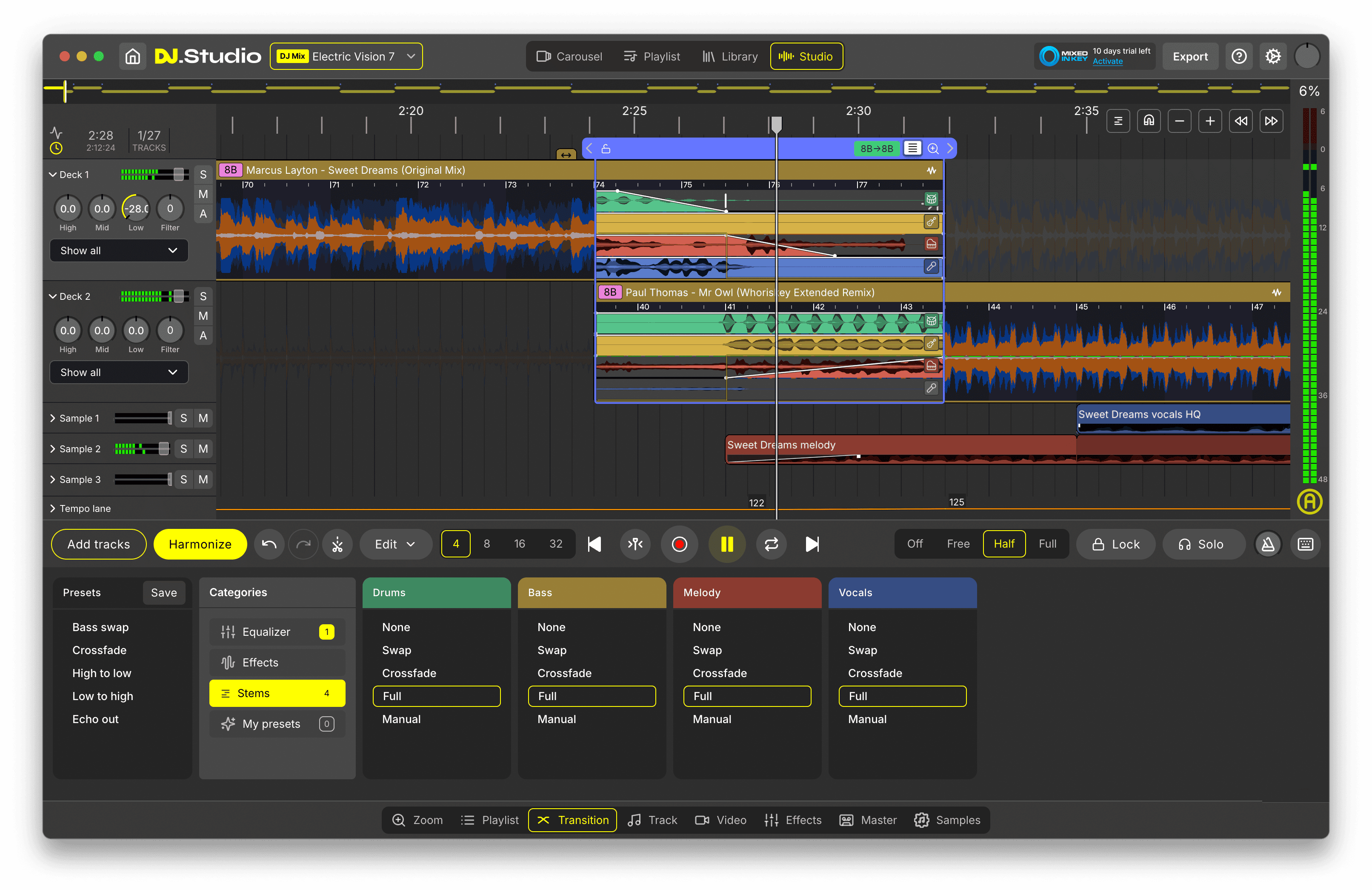 A complete DJ mix arranged across the DJ.Studio timeline with transitions between every track.