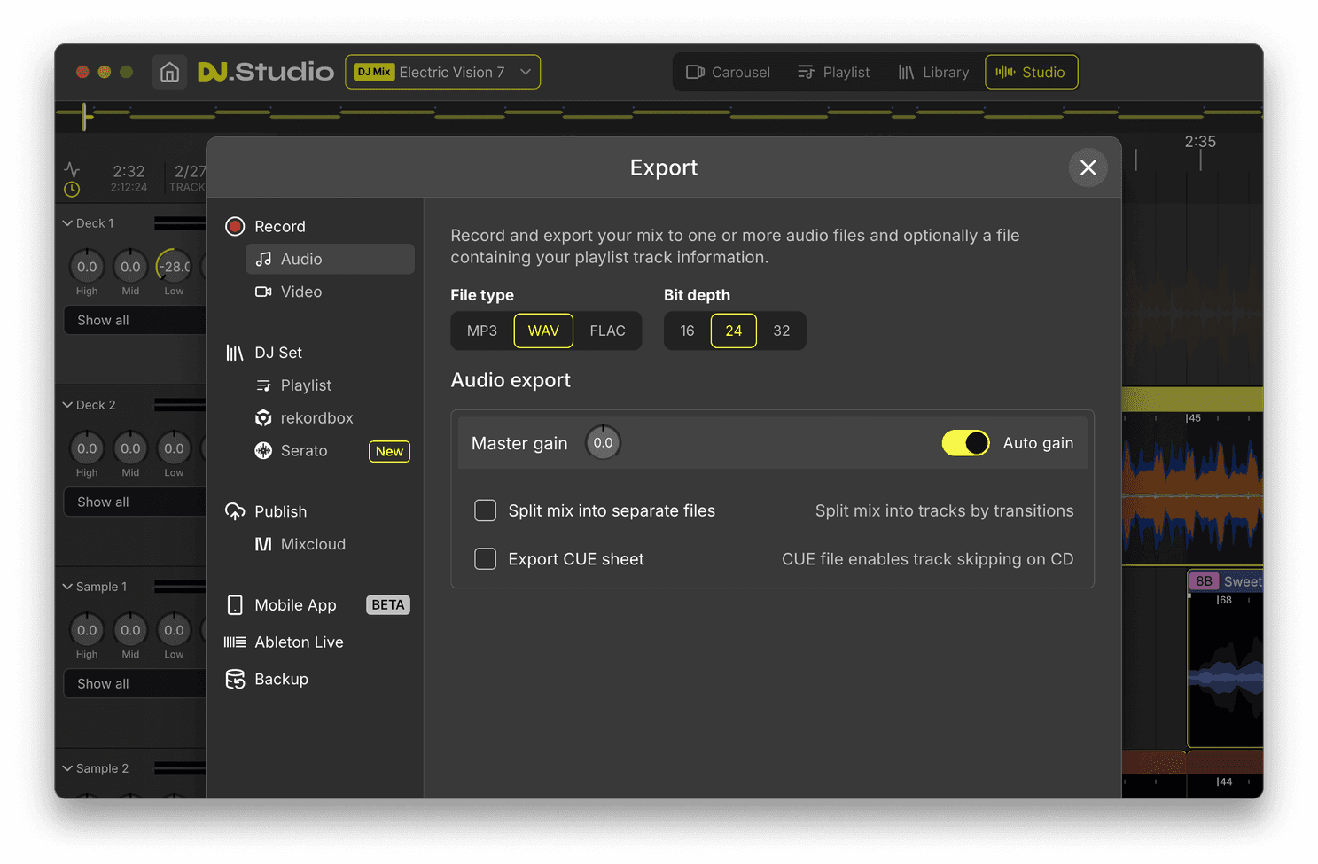 DJ.Studio Export panel showing audio export, video export, tracklist export, YouTube upload and Mixcloud upload options.