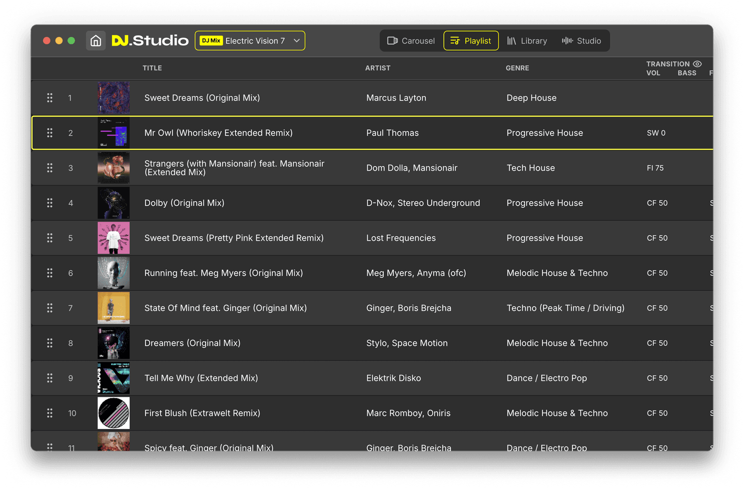 DJ.Studio library and playlist view showing imported hip-hop tracks with BPM and key metadata.