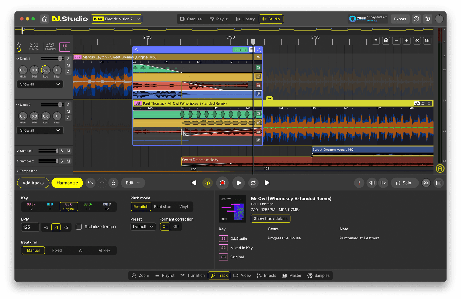 DJ.Studio Studio View showing a hip-hop DJ mix timeline with multiple tracks arranged, transition envelopes between them, and the track details panel with key, BPM and metadata.