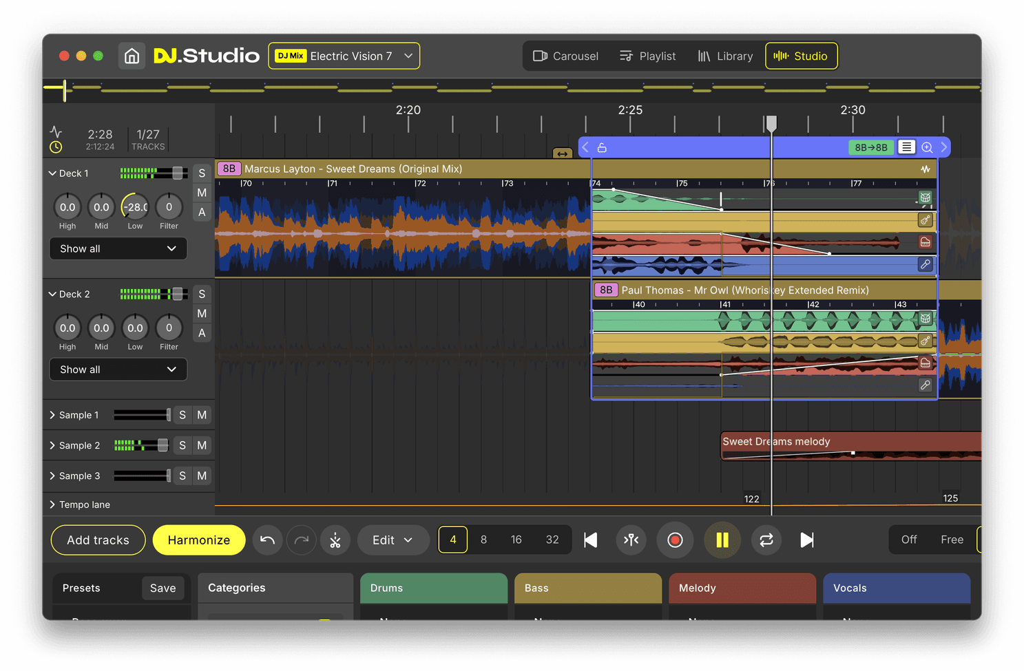 DJ.Studio Transition Editor showing two hip-hop tracks, tempo movement, automation curves and a clear overlap.