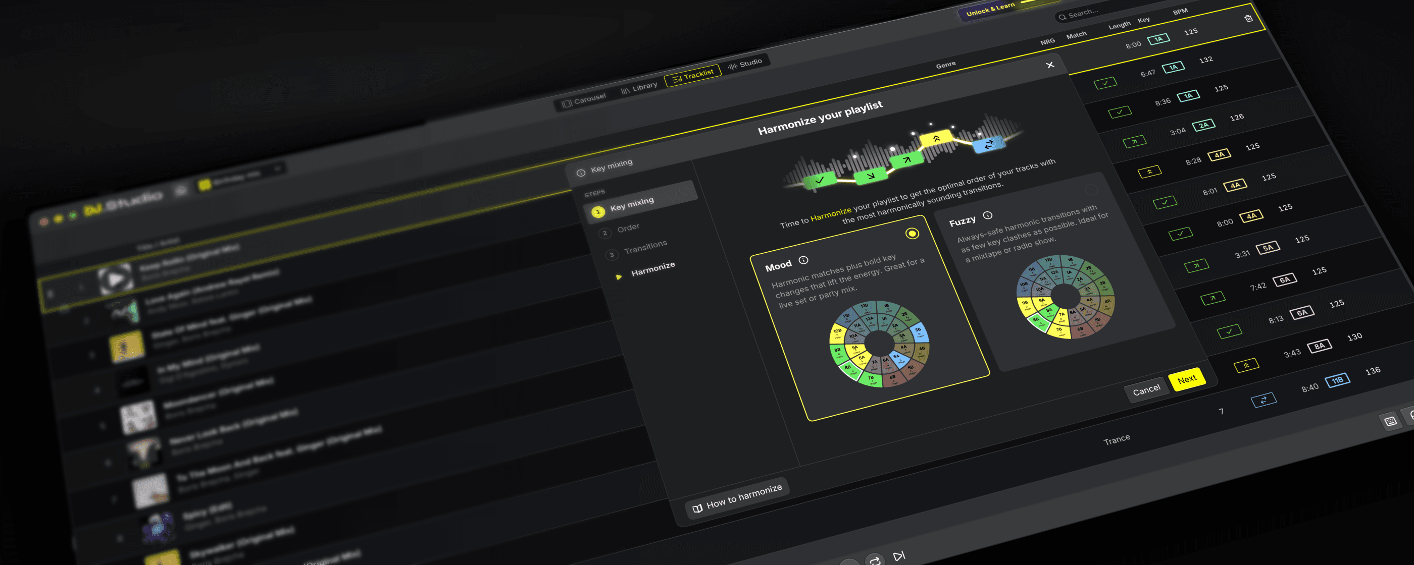 The Harmonize dialog in DJ.Studio, with the Mood and Fuzzy options and the Camelot wheel, next to a tracklist with keys and BPM