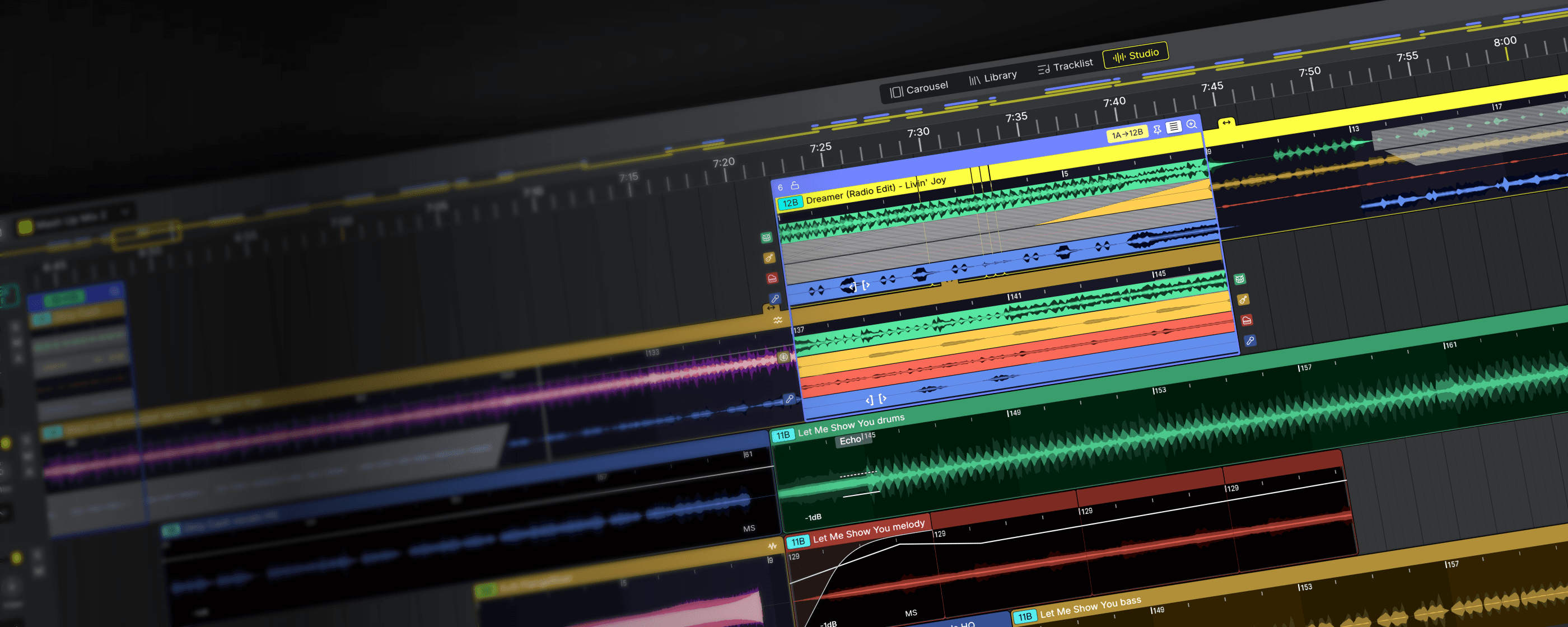The DJ.Studio transition editor with a selected transition between two tracks and coloured stems on the timeline