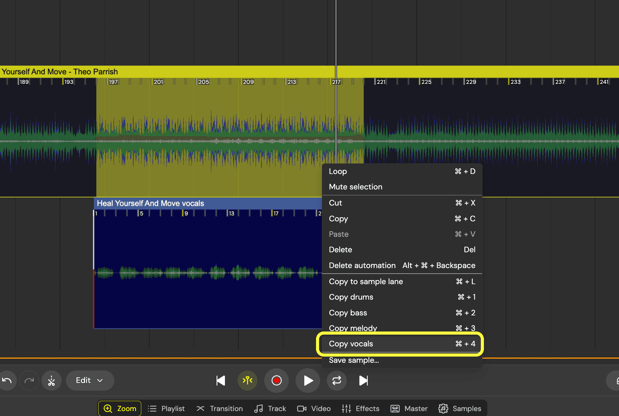 Copy vocals to the sample lane