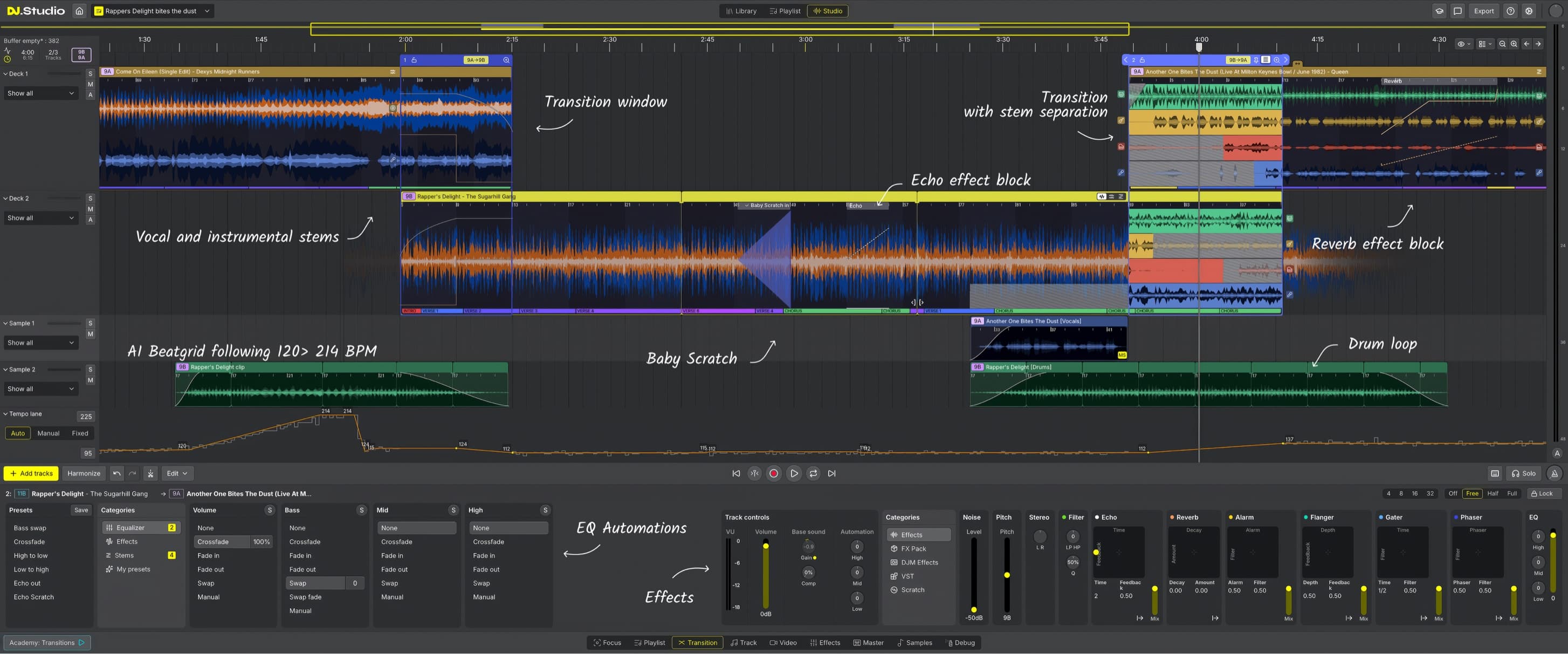 The DJ.Studio interface: transition window, stems, AI beatgrid, effects and EQ automations.