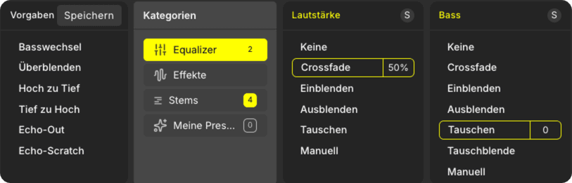 Ein-Klick-Presets für EQ, Filter und Bass-Swaps