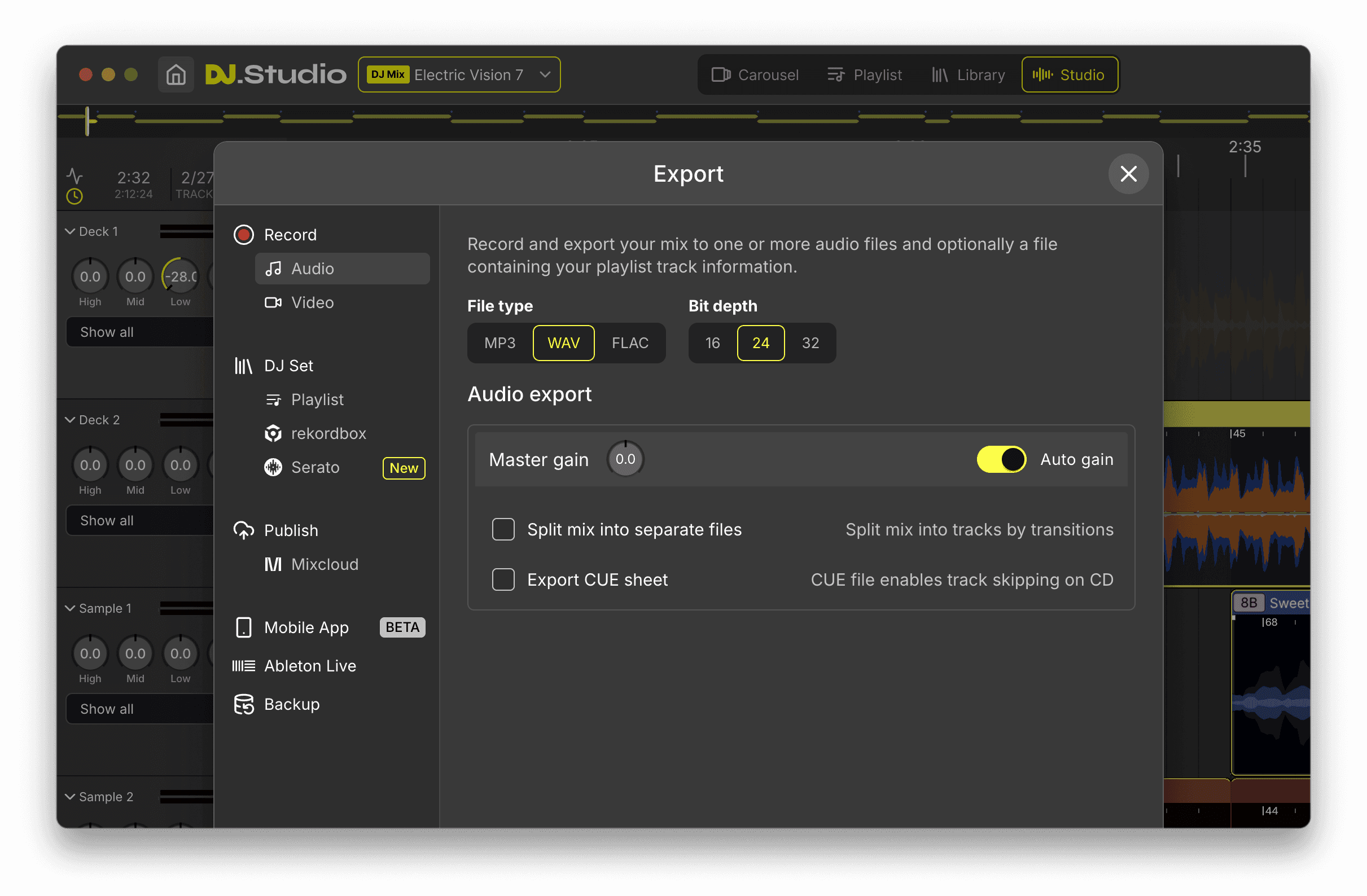 DJ.Studio Export panel showing audio export, video export, tracklist export, YouTube upload and Mixcloud upload options.