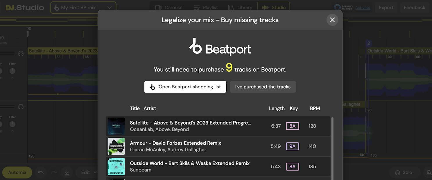 Legalize your mix by buying the tracks at Beatport
