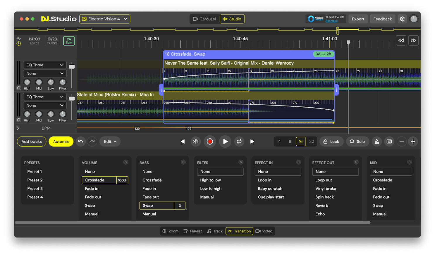 Mix and match automations with DJ.Studio's transition editor