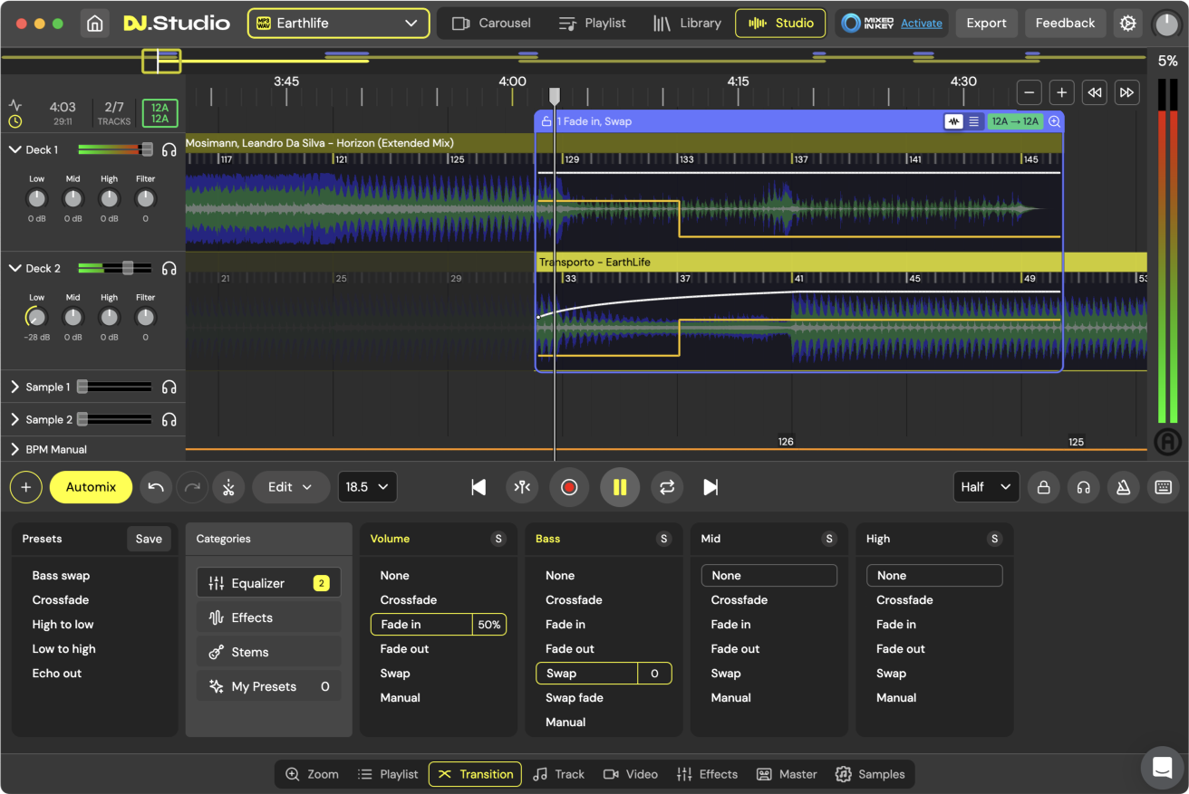 Mix and match automations with DJ.Studio's transition editor
