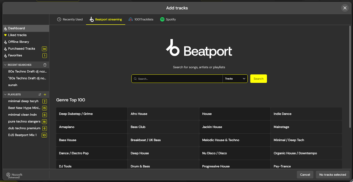 Beatport interface in dj studio