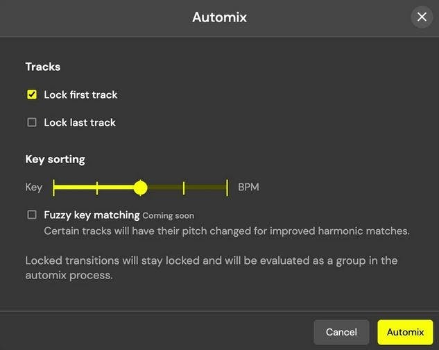 The AUTOMIX function in Dj.Studio lets you rearrange your tracks based on your preference for song key or BPM matching.